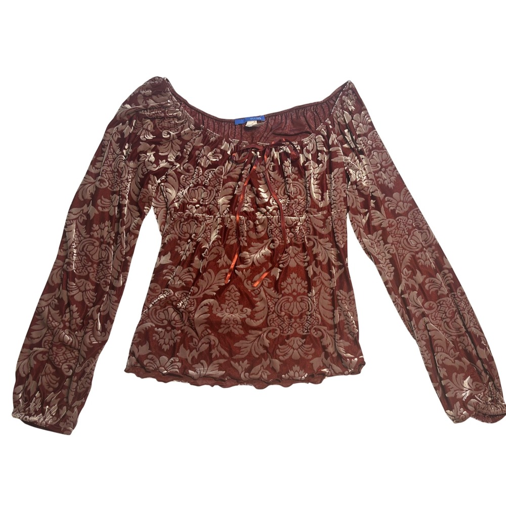 dELiA*s Burnout Velvet Top Women's Burgundy Excellent Y2K Damask Tie Front Med